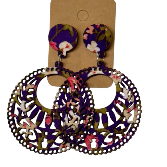 FLORAL Print WOODEN Stud Drop Earrings - Picture 1 of 12